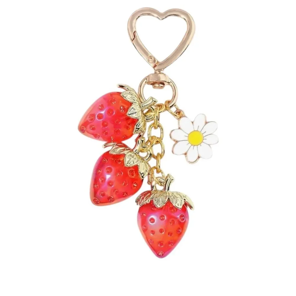 NEW Strawberry Charm Keychain with Daisy Accent - Red & Gold